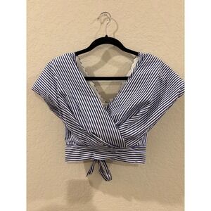 Avec Blue White Striped Wrap Front Tie Waist Crop Top